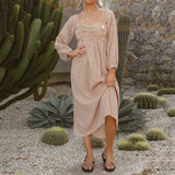 Square Collar Plaid Loose Swing Mid-Length Dress