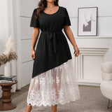 FRENCH LACE PANEL TIE WAIST LOOSE DRESS_CWDSD8484