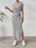 Striped Slim-Fit Waist Slimming Round Neck Dress
