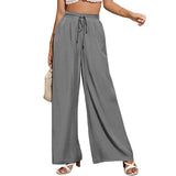 Solid-Color Loose Tight Waistband Wide-Leg Pants