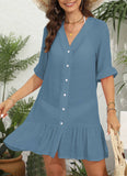 V-Neck Ruffled Button Up Cardigan Casual Dress