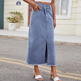 Wome Washed Denim Maxi Skirt Asymmetrical_Cwjsk0205