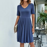 Solid Color V-Neck Basic Pleated Casual Dress