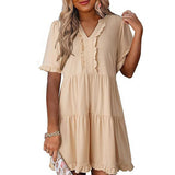 V-Neck Short-Sleeved Black Eared Pocket Dress