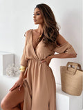 V-Neck Slit Shoulder Sleeves Sexy Halter Dress