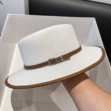 BRITISH STYLE FLAT TOP FASHIONABLE BELT STRAW HAT_CWAH1156