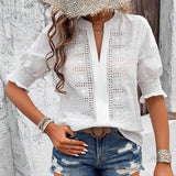 Womens V-Neck Puff Sleeve Lace Pom-Pom T-Shirt