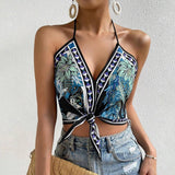 Vacation-Style Printed Knotted Halter Top