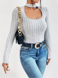 U-Neck Long Sleeve Pit Striped Wool Knit T-Shirt