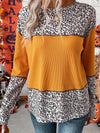 Pullover Leopard Print Patchwork Waffle Knit