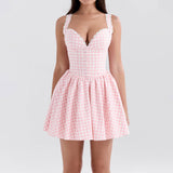 V-Neck Sexy Plaid Waist-Cinching Slim Sweet Dress