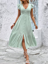 V-Neck Textured Split Hem Light Green Dress