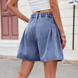 Washed Loose Irregularly Pleated Denim Shorts