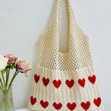 Cwab5068_Heart Pattern Woven Bag Large Capacity Tote Bag