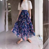 COLORFUL FLORAL MESH PRINT PLEATED TULLE SKIRT_CWBLS0399