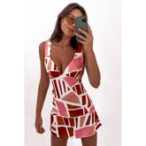Square Printed V-Neck Slim Sexy Short Dress
