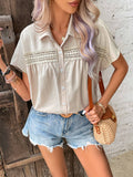 V-Neck Button-Up Solid-Color Lace Cutout Shirt