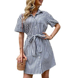 Striped Lapel Lace-Up Shirt Dress