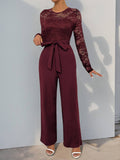 Solid Color Jumpsuit Lace Patchwork Zipper