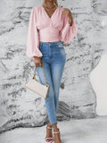 Waistband V-Neck Sleeved Ruffled Long-Sleeved Top