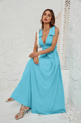 Solid Color V-Neck Dress With Waist Drop