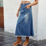 Wome Washed Denim Midi Skirt With Raw Hem_Cwjsk0199
