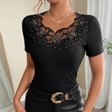 Solid-Color Rhinestone Patch Fitted T-Shirt