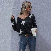 V-Neck Star Jacquard Fringed Knitted Sweater