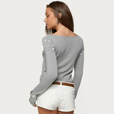 Solid-Color Round-Neck Button-Decorated T-Shirt