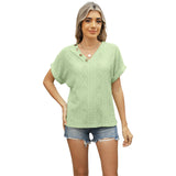 V-Neck Jacquard Loose Cutout Button T-Shirt