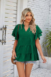 V-Neck Double-Sleeved Solid Color Loose Shirt