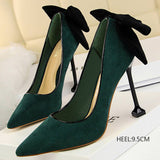 Women Suede Shallow Pointed Toe Bow High Heels