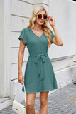 Solid Color V-Neck Belt Button-Up Dress