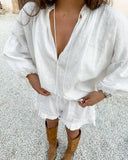 Solid Color V-Neck Top Shorts Cotton Linen Suit