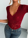 Solid-Color Lace V-Neck Short Sleeve Lace T-Shirt