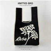 Black And White Rose Knitted Shoulder Tote Bag_Cwab1518