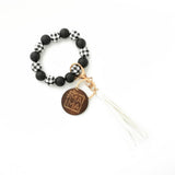 LEOPARD WOOD BEAD BRACELET WITH TASSEL KEYCHAIN_CWAB5013