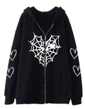 Spider Web Heart Zipper Fleece Hooded Cardigan