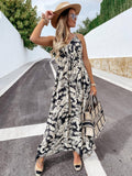 V-Neck Sleeveless Halter Print Boho Long Dress