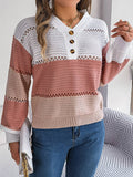V-Neck Color-Blocked Lantern Sleeve Sweater