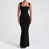 Square Collar Solid Color Bag Hip Long Dress