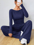 Solid-Color Long-Sleeved Wide-Leg Long Pants Set
