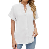 Solid Color V-Neck Short Sleeve Button Chiffon