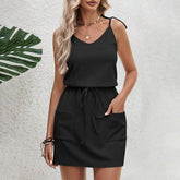 V-Neck Slit Strap Waist Irregular Dress