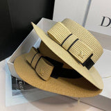 FEDORA STRAW HAT SIMPLE BOW FLAT TOP ELEGANT WOMEN_CWAH1155