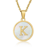 Cwaje1934_Round Stainless Steel White Shell Letter Necklace