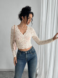 Solid-Color Sexy Lace V-Neck Long-Sleeved T-Shirt