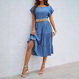 Solid Simple Round Neck Short Sleeve Long Dress