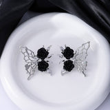 SILVER NEEDLE BLACK ROSE BUTTERFLY EARRINGS_CWAJE1857