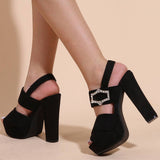 BLACK BUCKLE OPEN TOE CHUNKY HIGH HEELS_CWSHH0131